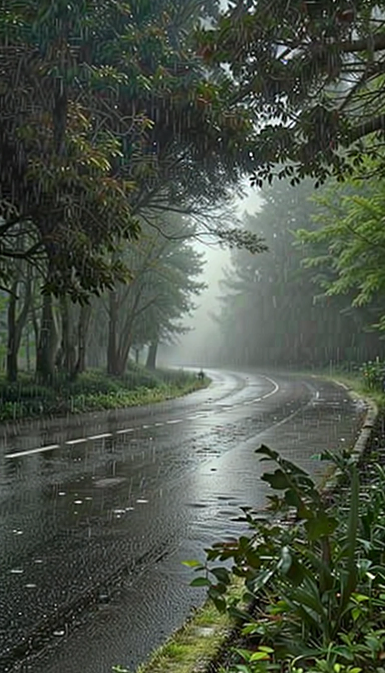 there is a wet road, in a rainy environment, wet dark road, dark wet road, rainy mood, rainy scene, rainy and gloomy atmosphere, rainy and wet atmosphere, rainy wet, rainy, driving rain, misty and raining, rainy atmosphere, rainy weather, very rainy, rainy environment, on a rainy day, rainy storm
