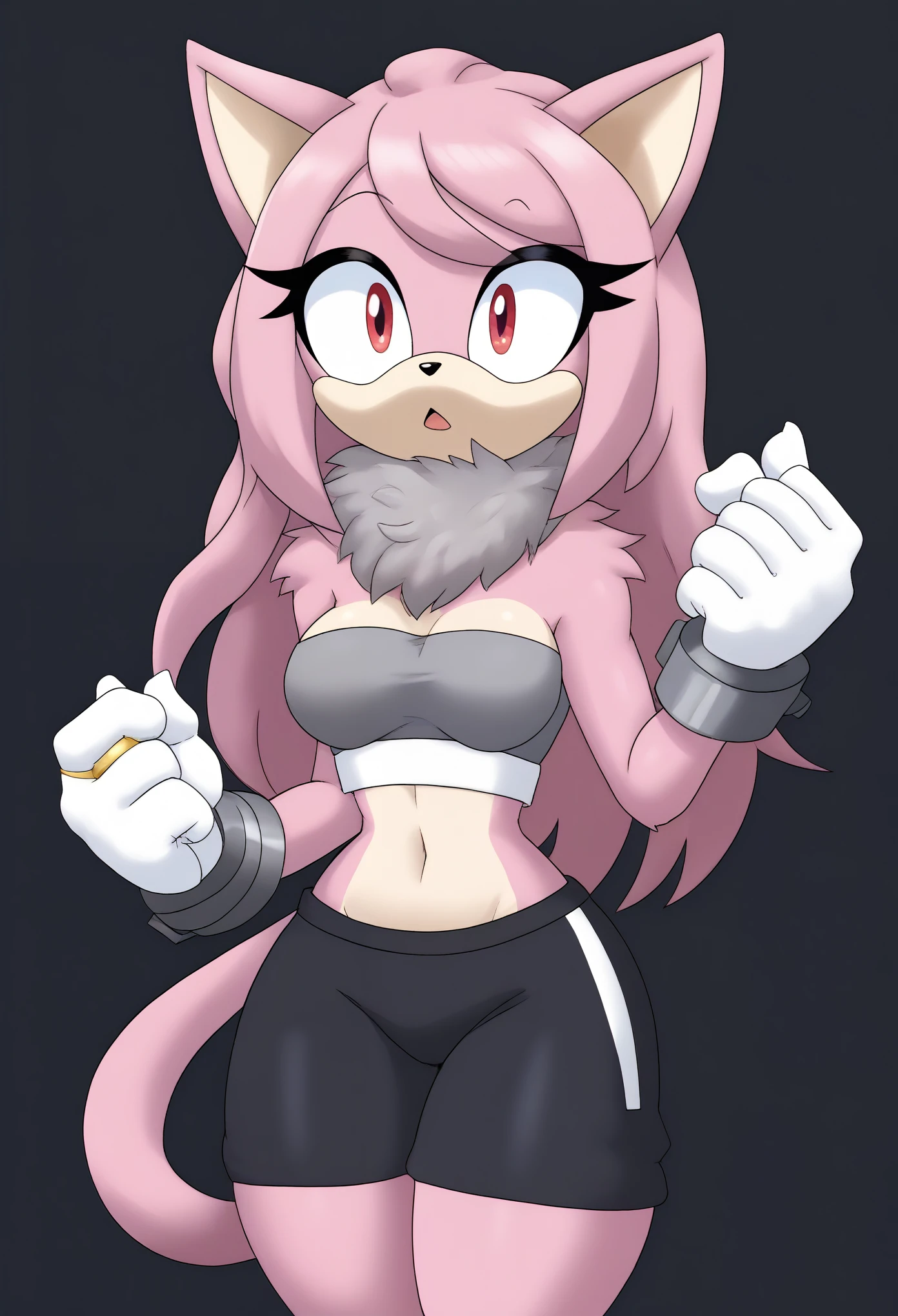 (1girl), (solo), Female Cat, pink fur, blonde hair, long hair, lower back length hair, large hair bangs, (side locks/quills over shoulders), red eyes, red patches of fur around eyes, (medium breasts), (small tuft of white chest fur around the neck area), (gray tube top), ((black yoga shorts)), white gloves with gold ring cuffs, eyelashes, tough expression, daytime, mobian, mobius city