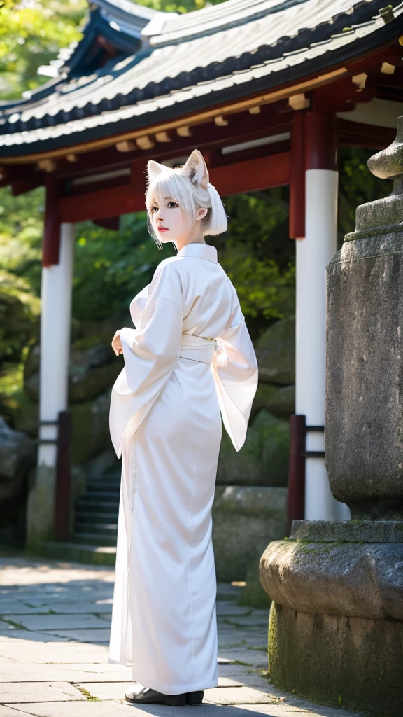 White fox beauty、Pale skin、tail、shrine、8K、Kimono