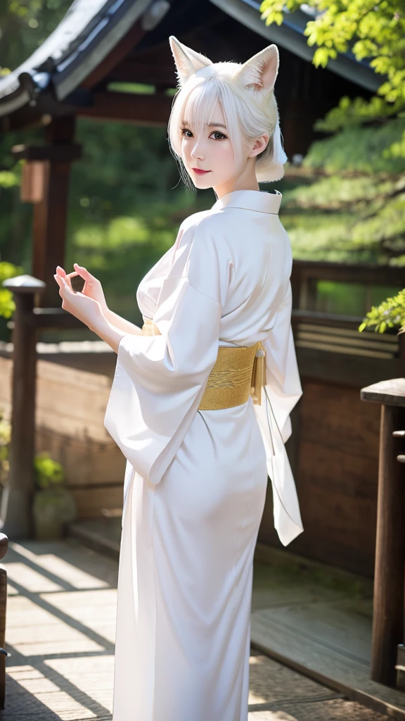 White fox beauty、Pale skin、tail、shrine、8K、Kimono