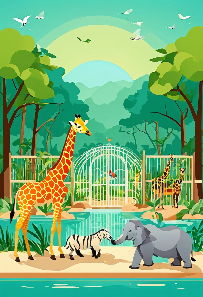 detailed illustration of a zoo, flat design, simple, colorful, 