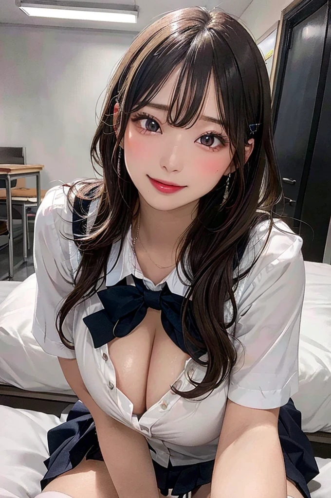 (((orgasm, seductive smile))), (((24yo, gyaru))), masterpiece, (((wearing tight sexy school uniform)), (allfours), ((large breasts)), ((large hip)), (nsfw, vulgality), (shiny skin), (((skindentation))), photorealistic, realistic, solo, photorealistic, best quality, ultra high res, YuraS, bed, parted lips, beautiful, masterpiece, best quality, extremely detailed face, perfect lighting, ultra high res, ultra detailed