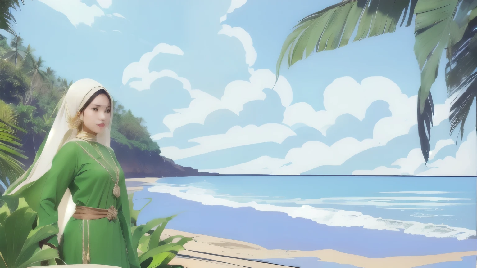 melayu riau woman in a green riau melayu dress standing on a beach, island background, beach background, background artwork, random background scene, breezy background, landscape of an ocean, seaside backgroud, background art, long beach background, distant background, ocean background setting, at a tropical beach, scenic background, beach landscape