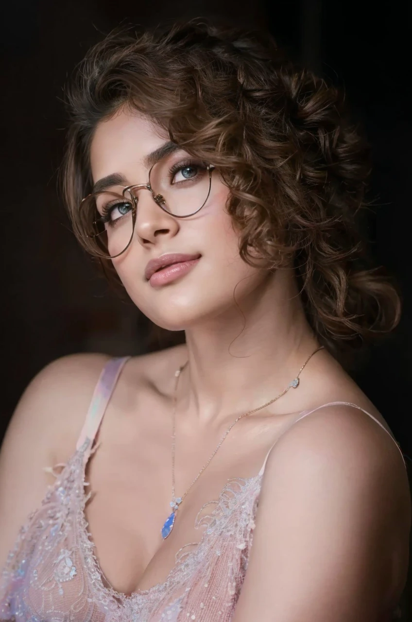 (best quality,4k,8k,highres,masterpiece:1.2),ultra-detailed,(realistic,photorealistic,photo-realistic:1.37),glowart:1.0,(bright,sketch,drawing:1.0),1girl,blush,collarbone,hair between eyes,long hair,looking at viewer,,portrait,shiny,shiny hair,side ponytail,pooja1,artistic color palette,vibrant colors,soft lighting,peaceful expression,subtle glow,playful atmosphere,gentle brushstrokes,colorful backdrop,captivating gaze,expressive eyes,dainty features,delicate shading,dynamic composition,intricate details,subdued background,bold contrast,ethereal aura,impressionistic style, pooja1



Create a full-body image of a realistic model. The model should have curly hair, light skin, and be wearing large round glasses. She should be dressed in a stylish, fluffy, pink top similar to the one in the provided image. The background should be simple and not distracting, highlighting the model. The model should have a confident and relaxed posture.
