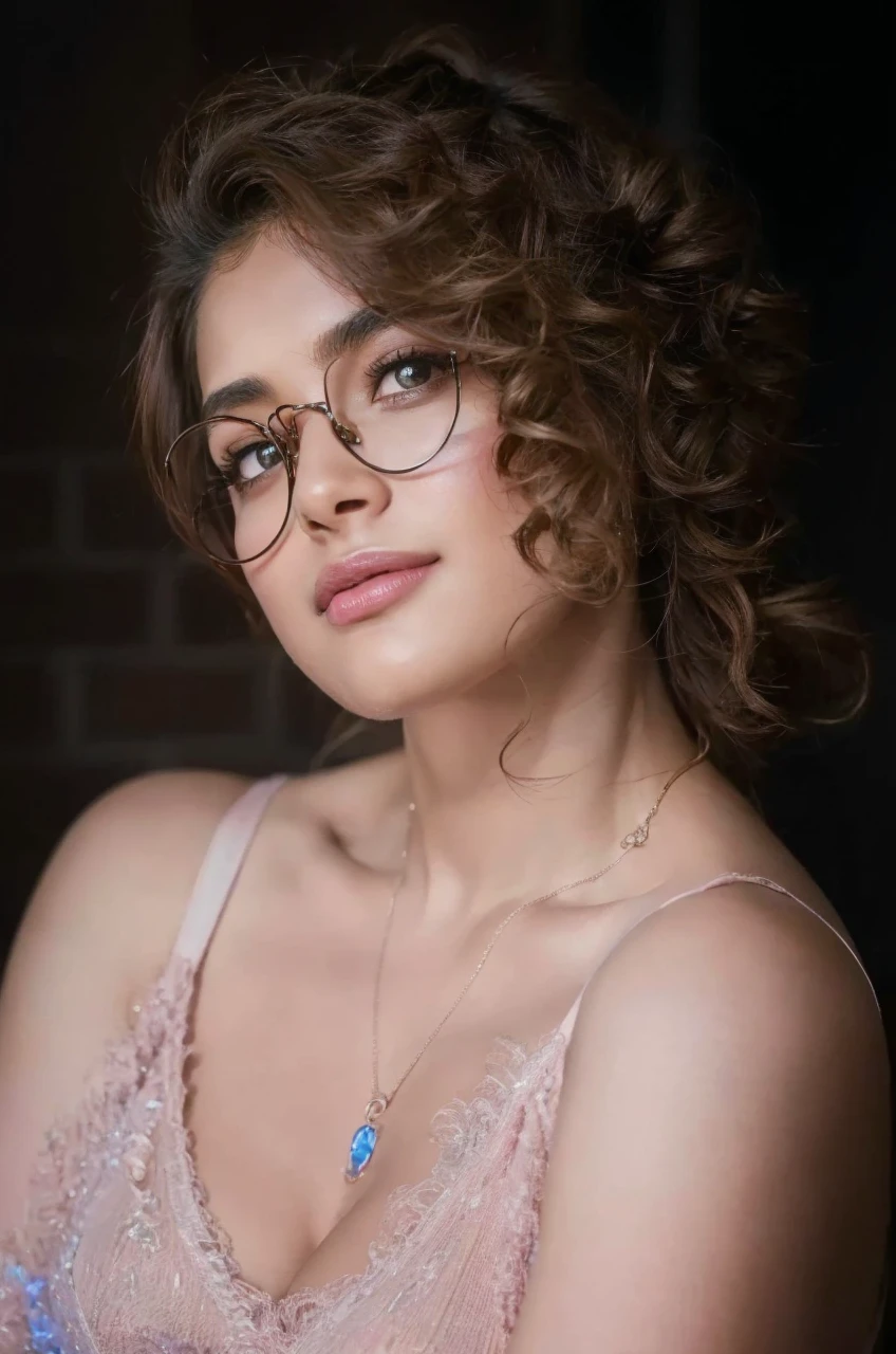 (best quality,4k,8k,highres,masterpiece:1.2),ultra-detailed,(realistic,photorealistic,photo-realistic:1.37),glowart:1.0,(bright,sketch,drawing:1.0),1girl,blush,collarbone,hair between eyes,long hair,looking at viewer,bra,portrait,shiny,shiny hair,side ponytail,pooja1,artistic color palette,vibrant colors,soft lighting,peaceful expression,subtle glow,playful atmosphere,gentle brushstrokes,colorful backdrop,captivating gaze,expressive eyes,dainty features,delicate shading,dynamic composition,intricate details,subdued background,bold contrast,ethereal aura,impressionistic style, pooja1
Create a full-body image of a realistic model. The model should have curly hair, light skin, and be wearing large round glasses. She should be dressed in a stylish, fluffy, pink top similar to the one in the provided image. The background should be simple and not distracting, highlighting the model. The model should have a confident and relaxed posture.