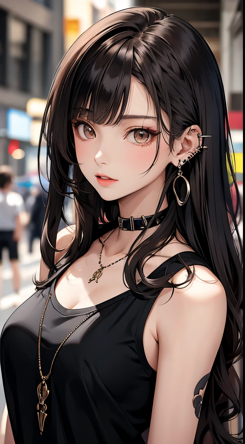 masterpiece, best quality, PIXIV, cool girl, lots of piercings, earrings, dark brown hair, curly hair, blunt bangs, straight bangs, gray eyes, pale skin, gal, gyaru