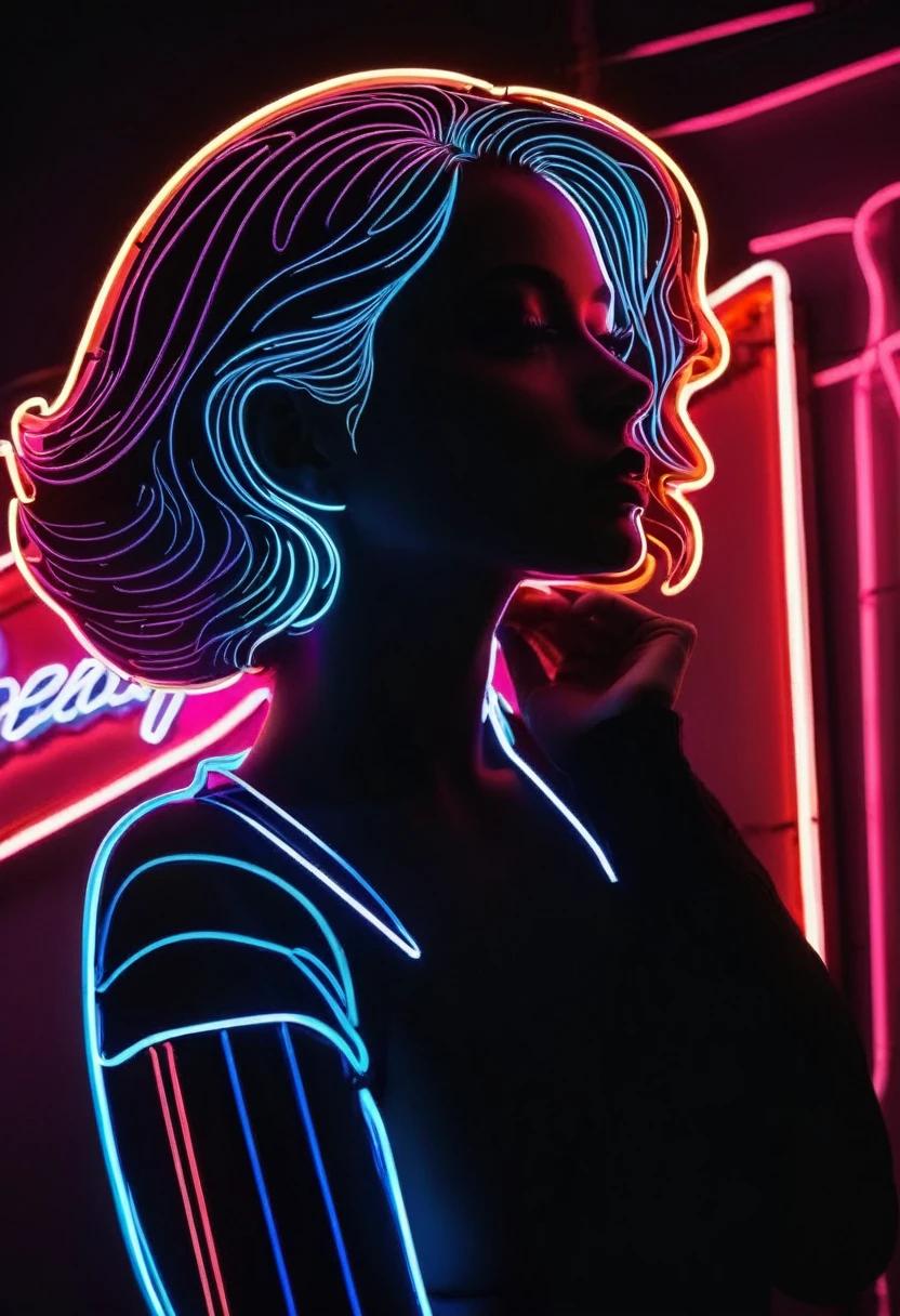 Side face silhouette,Shadow of beautiful woman under neon sign,Huge neon signboard,(Neon sign with text:1.5)