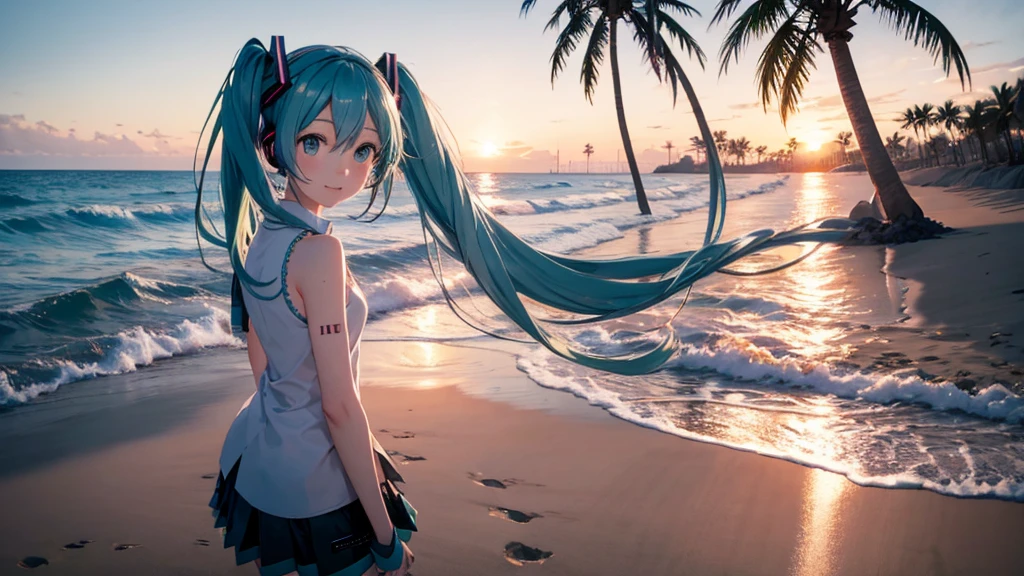 Hatsune Miku、Above the shoulders。Beach and palm trees。Sunset