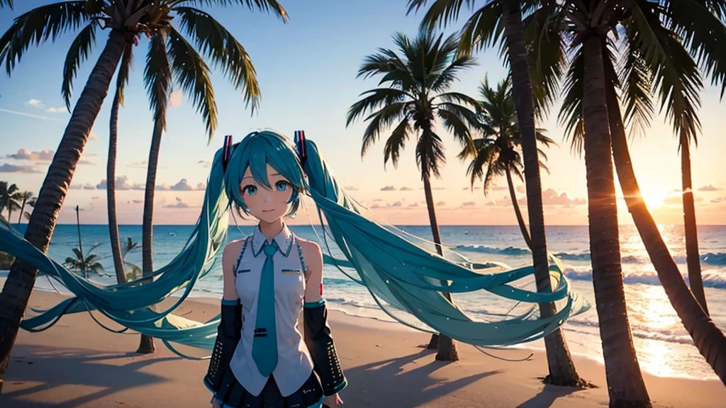 Hatsune Miku、Above the shoulders。Beach and palm trees。Sunset
