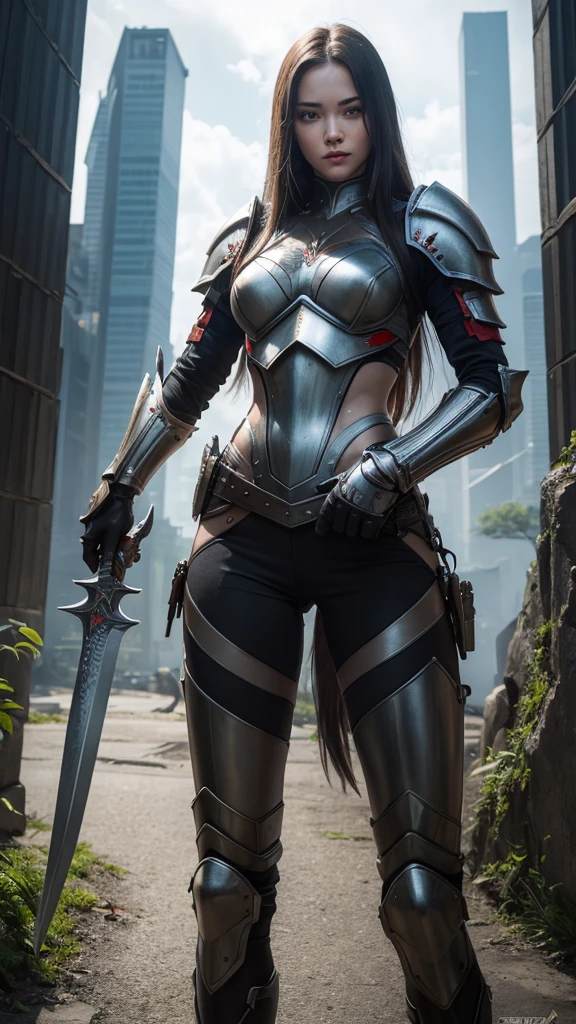 Female Predator, full bodyesbian, fantastic armor, high - tech, fighting with long knife, realistic image,