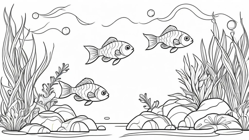 a group of fish in aquascape scenery, coloring page for kids, happy, smiling, vector art, minimalistic, vector 2d, coloring page for beginners, vector illustration, pencil strokes, colorfull, drawing for coloring, pixar style,