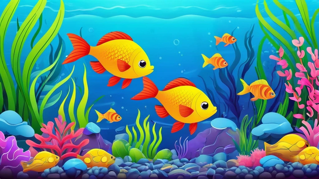 a group of fish in aquascape scenery, coloring page for kids, happy, smiling, vector art, minimalistic, vector 2d, coloring page for beginners, vector illustration, pencil strokes, colorfull, drawing for coloring, pixar style,