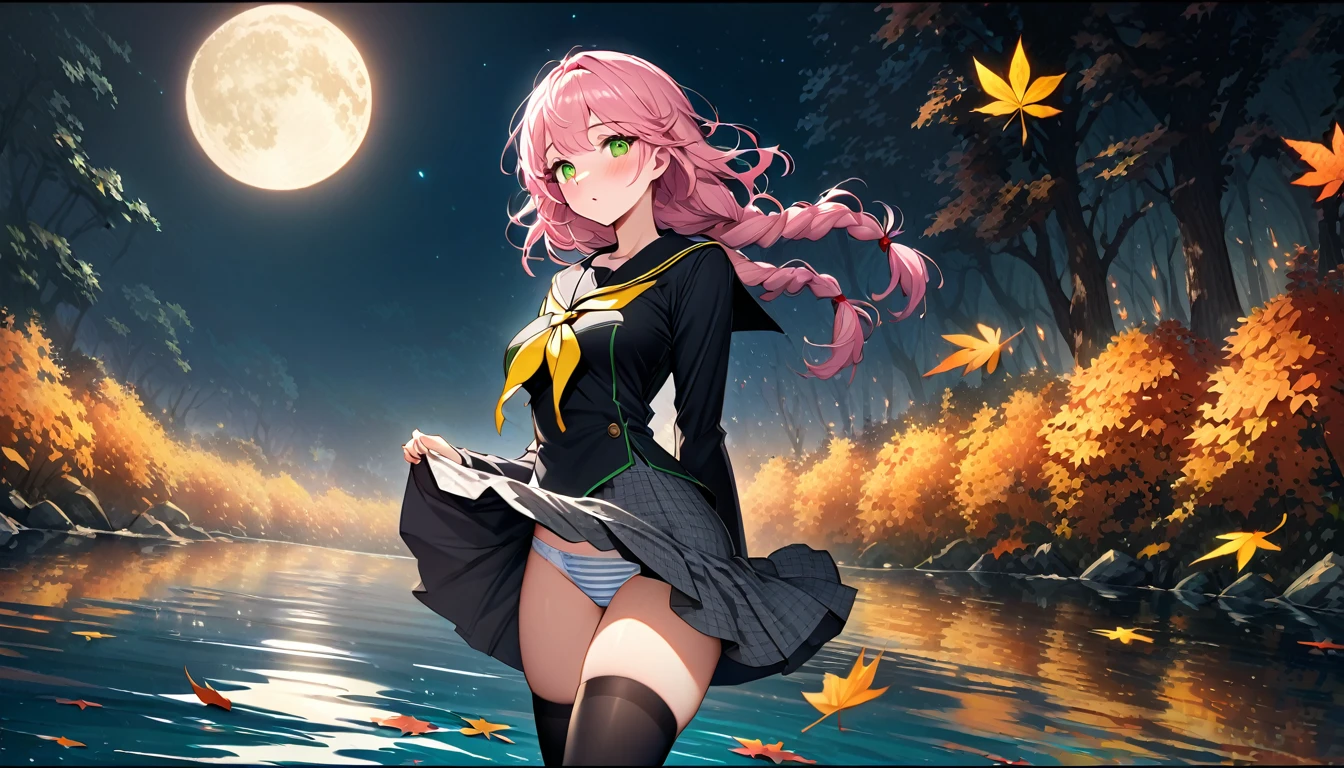 The image is of a beautiful woman wearing a tight fitting uniform. The woman has long flowing pink hair with strands of braided hair tied with red ribbon throughout. She has gorgeous green eyes that shine like emeralds. Her face is youthful and gorgeous. Her  are ample and seem too large for her uniform. She is short in height but well developed -a short stack. She blushes as you look at her. She's standing in an autumnal forest. In the distance is a serene body of water. It's night time and a full moon lights the scene. A gentle breeze suspends fallen autumn leaves around her. The wind lifts up her skirt revealing her blue and white striped . The image is ultra detailed with gorgeous colors, perfect line work, and detailed shading. The image really portrays the sexiness of the character. YasogamiFemaleWinter, black shirt, long sleeves, black sailor collar, yellow neckerchief, grey skirt, black thighhighs, autumn, serene water, lifted skirt,  reveal, night time, gentle breeze, 