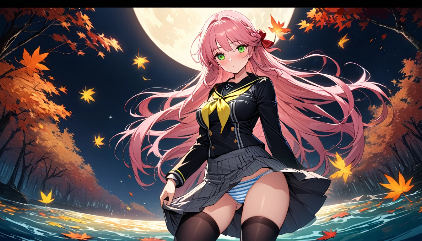 The image is of a beautiful woman wearing a tight fitting uniform. The woman has long flowing pink hair with strands of braided hair tied with red ribbon throughout. She has gorgeous green eyes that shine like emeralds. Her face is youthful and gorgeous. Her breasts are ample and seem too large for her uniform. She is short in height but well developed -a short stack. She blushes as you look at her. She's standing in an autumnal forest. In the distance is a serene body of water. It's night time and a full moon lights the scene. A gentle breeze suspends fallen autumn leaves around her. The wind lifts up her skirt revealing her blue and white striped panties. The image is ultra detailed with gorgeous colors, perfect line work, and detailed shading. The image really portrays the sexiness of the character. YasogamiFemaleWinter, black shirt, long sleeves, black sailor collar, yellow neckerchief, grey skirt, black thighhighs, autumn, serene water, lifted skirt, panty reveal, night time, gentle breeze,