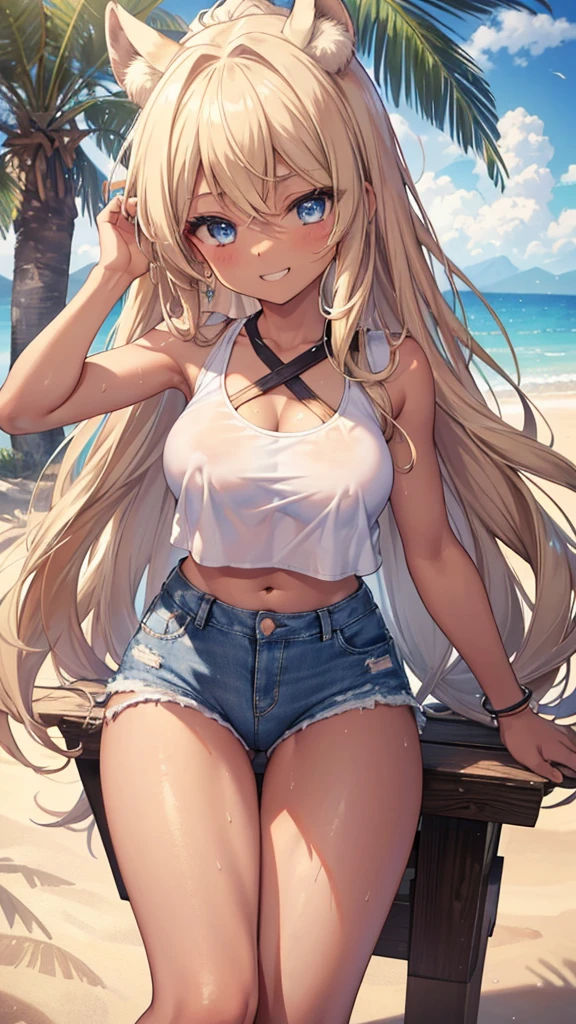 (8K、Highest quality、Highest quality、masterpiece)、Detailed face、One Girl、 Standing with one leg、Up leg、
(Brown Skin:1.2)、Long Hair、
Blue Eyes、Sweat、Grin、
(White tank top、Denim hot shorts、Mini Shorts、)、
Beach、cloud、
belly button、Big Breasts、