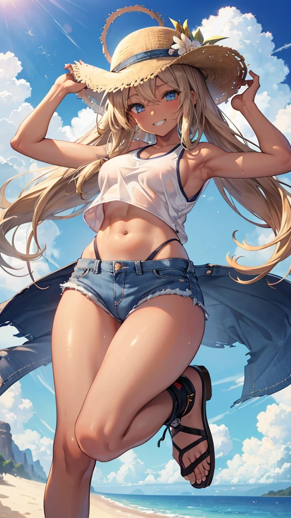 (8K、Highest quality、Highest quality、masterpiece)、Detailed face、One Girl、 Standing with one leg、Up leg、Spread legs
(Brown Skin:1.2)、Long Hair、
Blue Eyes、Sweat、Grin、
(White tank top、Denim hot shorts、Mini Shorts、Cameltoe)、Cameltoe
Beach、cloud、
belly button、Big Breasts、