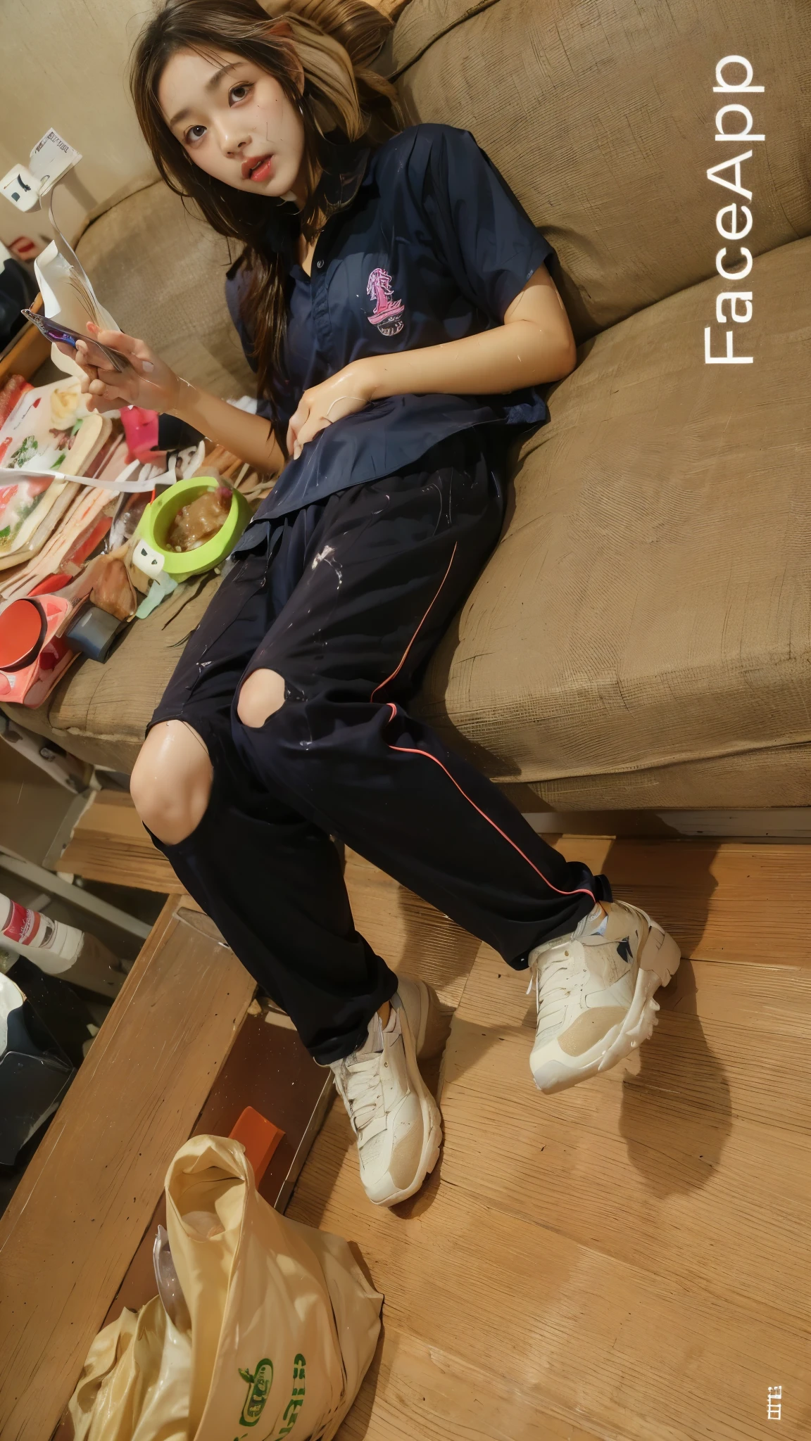 Songkran, wet street , A very realistic girl, wet soaked, drop, wet clothes, wet skin, wet hair, 8k, Masterpiece, realistic, beautiful,purple efficiency,Navy trousers,wet:1.5,dirty white powder