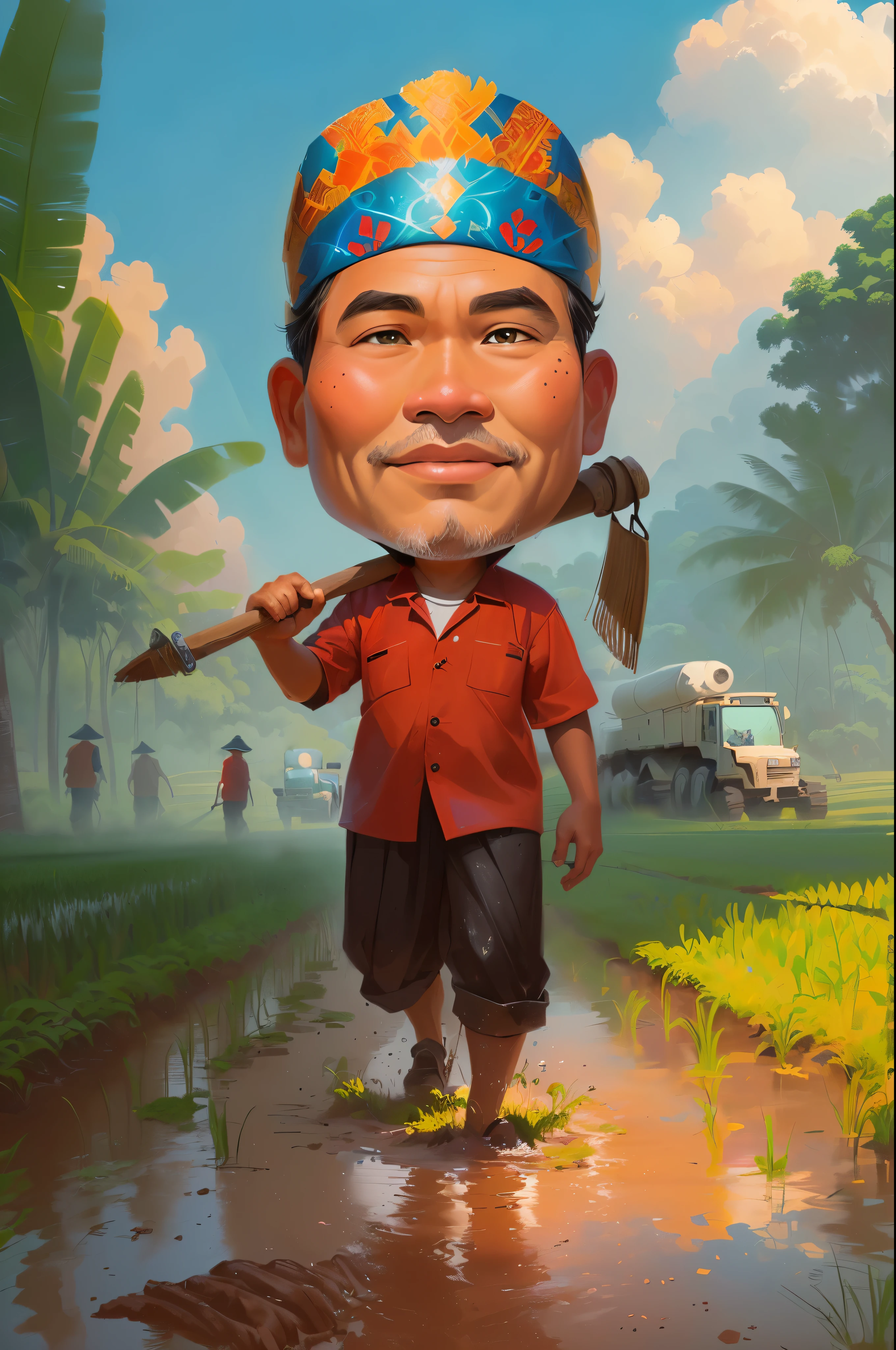 cartoon man walking through a muddy field with a hoe, The head wears a typical Javanese headgear blangkon, caricature illustration, farmer, Indonesian farmer, caricature style, cartoon portrait, cartoon digital painting, caricature, official illustration, cartoon digital art, in cartoon style, inspired by Rudy Siswanto, inspired by I Ketut Soki, potrait, digital cartoon painting art, digital art cartoon, cartoon artstyle