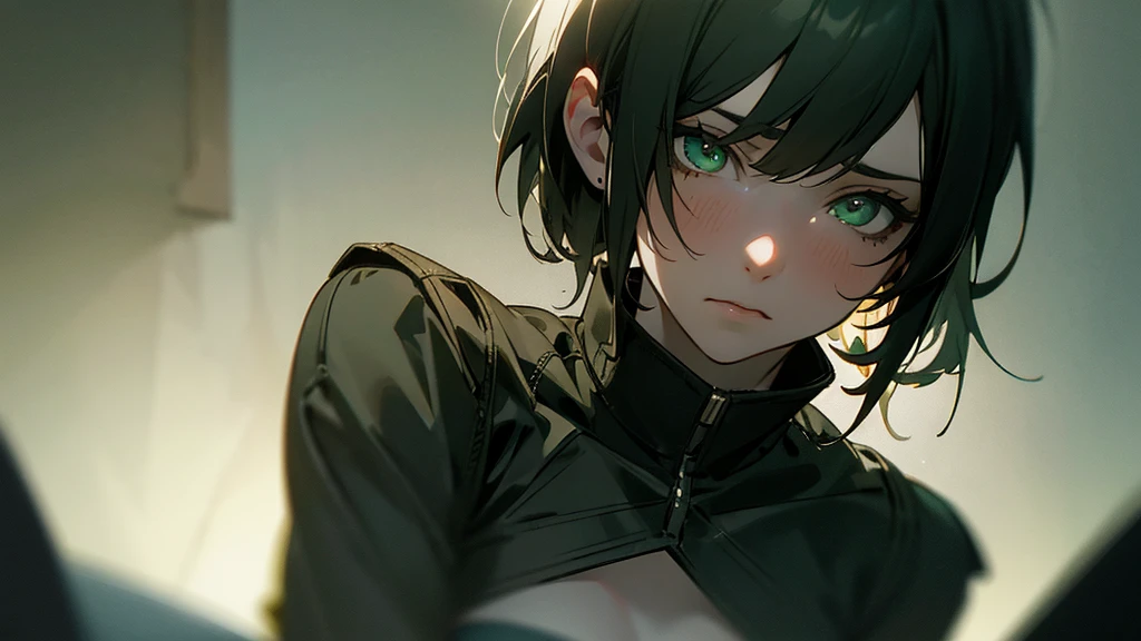 tomboy girl, handsome, short black hair, (masterpiece:1.2、highest quality), (Exquisite green eyes: 1.2), (Detailed Background、Dark fantasy), (cute detailed face), High Contrast, (Best lighting、Very delicate and cool), ((Cinema Lighting) )), black coat with white dirty dress, blood splatter, colorful, Hyper Detail, Dramatic Light, Intricate details, serious face, moon behind (20 years old, 1 girl, solo, black short hair, messy hair, pony in left ,Sharp Face, green eyes, pony hair between the eyes, Dynamic Angle), (Blood splatter:1.4), Black light swirling around the character, Depth of written boundary, green light particles, Nightcore, black magician, Spectacular anime style, zerochan art, Anime Wallpaper, Burning, High quality anime art style, Key Anime Art