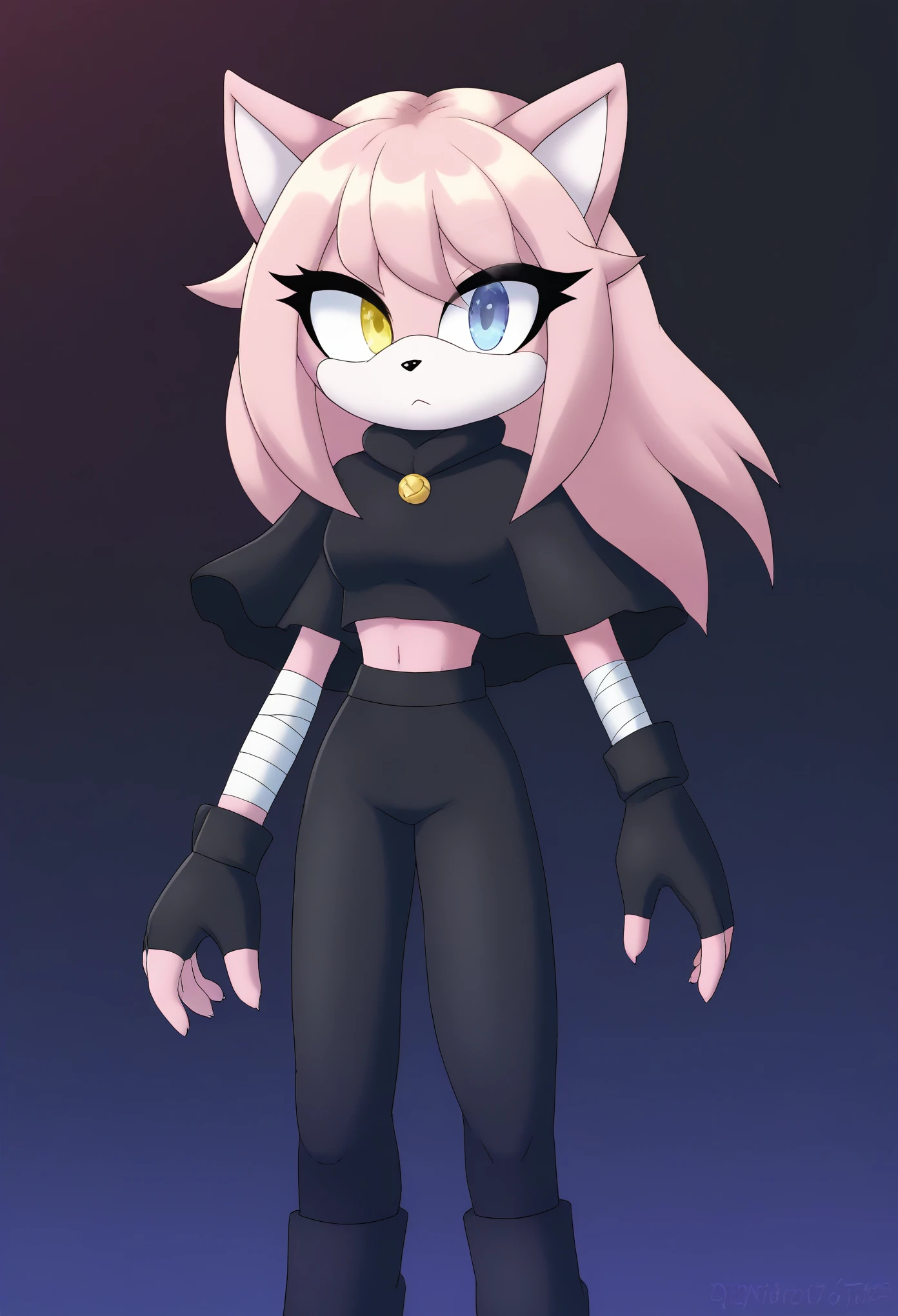 (1girl), (solo), Female Cat, pink fur, (blonde hair), long hair, lower back length hair, large hair bangs, side locks, hair over shoulders, heterochromia, left yellow eye, right light blue eye, (black poncho), black cape, black yoga pants, black fingerless gloves, bandaged arms, eyelashes, expressionless, daytime, mobian, mobius city