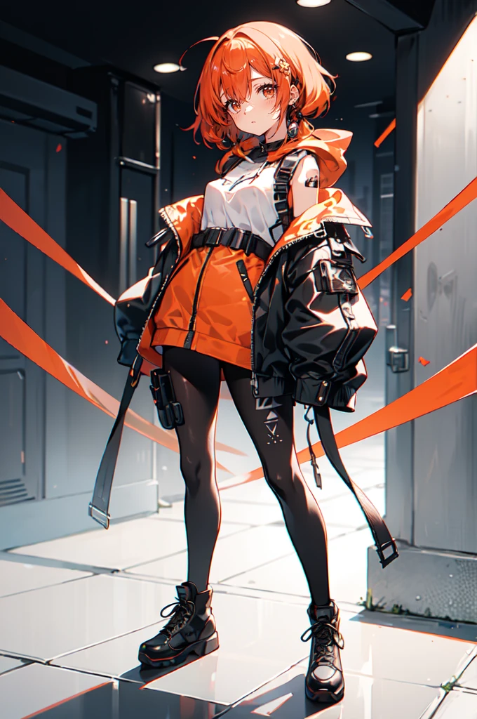 techwear,, ultra detailed, masterpiece, best quality, aesthetic, detailed,, solo, 1girl, red hair, orange eyes, amber eyes, swept bangs, parted bangs, low twintails,
short hair, medium hair, small breasts, (tsurime:1.2),, leggings, leather jacket, long shirt, combat boots, hoodie,