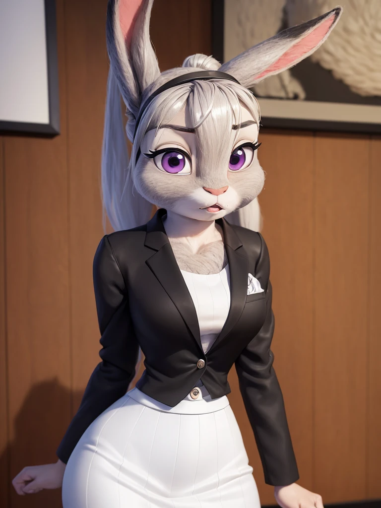 best quality,
masterpiece,
3D anime,
(((solo))),
(((1girl))),
((Face is JudyHopps)),
(long ears like a rabbit:0.8),
Heir is in a black ponytail style,
Body is human lady,
She is a new employee,
Hers outfit is business suit,
She is wearing a black jacket over a white blouse,
(She is wearing a black skirt:1.1),
(the suit is made of wool:1.4),
((skin is silver with fluffy and fluffy)),
(portrait view),
In the background there is office space,
((She is bowing))