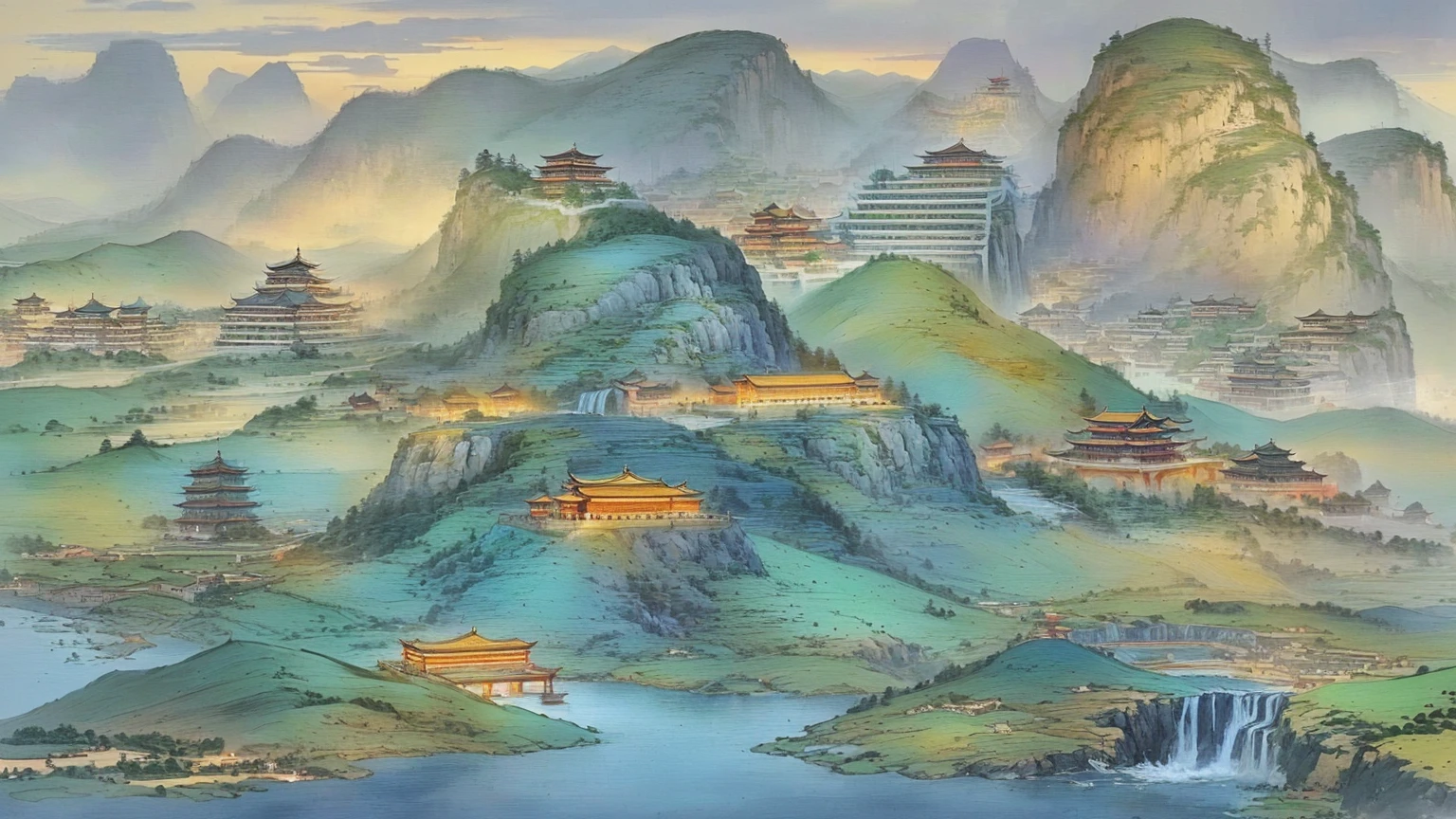 A painting with a mountain，There is a waterfall and a city on the mountain, Ancient city landscape, Chinese style景, Dreamy Chinatown, Hill Castle, Inspired by Wang Yuanqi, Traditional Chinese watercolor, author：Qiu Ying, by Qu Leilei, Chinese watercolor style, Pagoda on the mountain, Chinese style, China Village, author：Ju Lian, author Miao Fu
