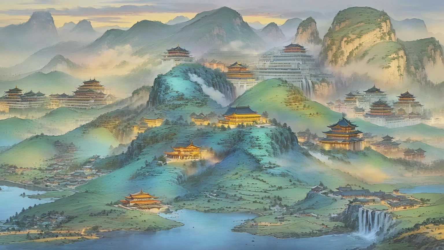 A painting with a mountain，There is a waterfall and a city on the mountain, Ancient city landscape, Chinese style景, Dreamy Chinatown, Hill Castle, Inspired by Wang Yuanqi, Traditional Chinese watercolor, author：Qiu Ying, by Qu Leilei, Chinese watercolor style, Pagoda on the mountain, Chinese style, China Village, author：Ju Lian, author Miao Fu