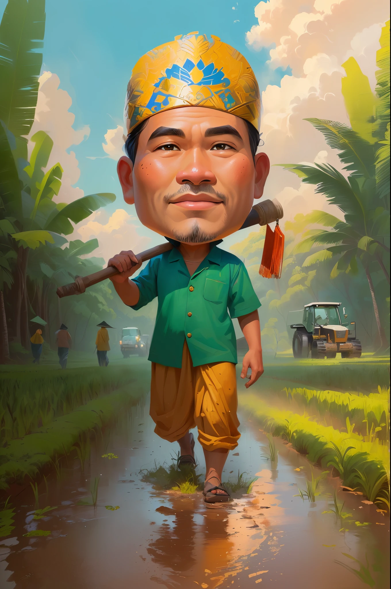 cartoon man walking through a muddy field with a hoe, The head wears a typical Javanese headgear blangkon, caricature illustration, farmer, Indonesian farmer, caricature style, cartoon portrait, cartoon digital painting, caricature, official illustration, cartoon digital art, in cartoon style, inspired by Rudy Siswanto, inspired by I Ketut Soki, potrait, digital cartoon painting art, digital art cartoon, cartoon artstyle