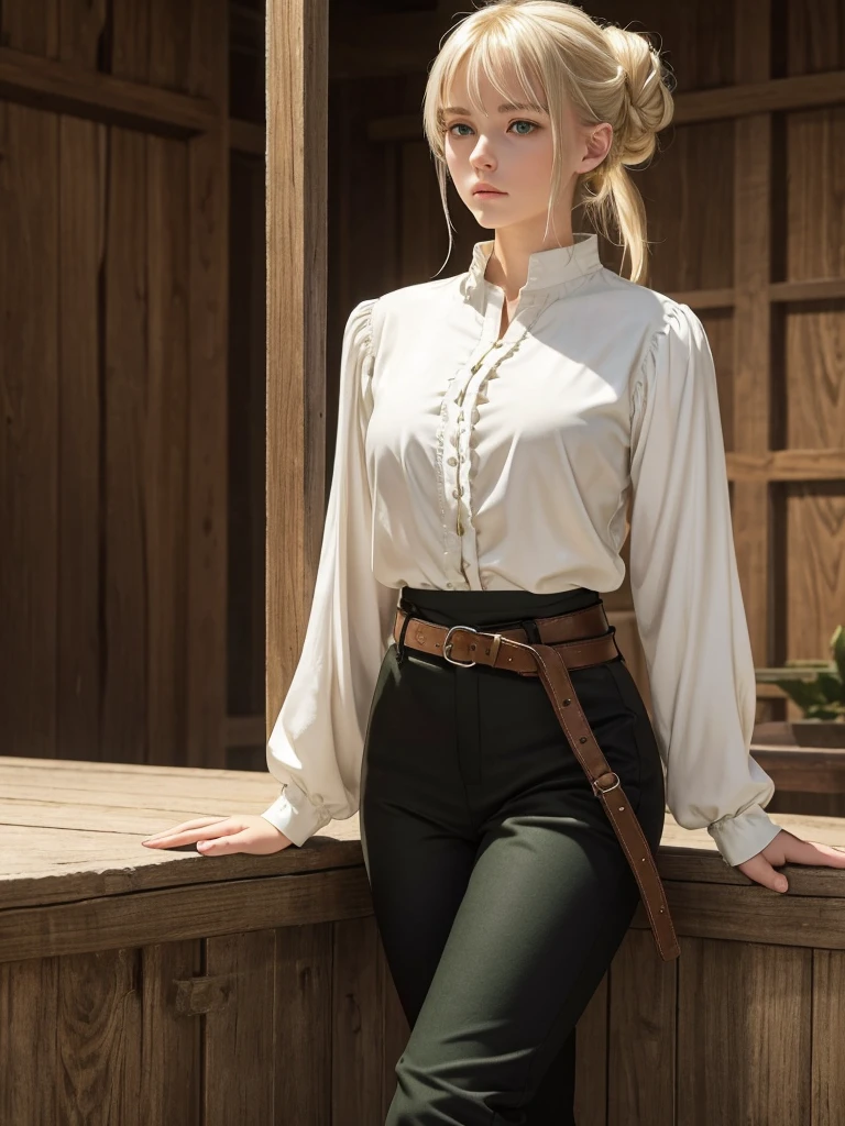 Cute twenty year old woman with straight blonde hair tied in a low bun and bangs, green eyes, serious and firm look, long eyelashes and whitish skin. Use a medieval but stable white blouse, black pants and a brown belt, coffee boots. His gesture is disinterested and his posture is firm.. It's attractive. It is located in an elf village. They see her mature. It's realistic.