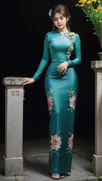Burmese girl with attractive curvy full body. Friends full-length bikini, (green dress) reflective long dress painted with flower patterns, only dress. hi gh hips High resolution High resolution natural background High resolution HD 3D, 8K cartoon anime