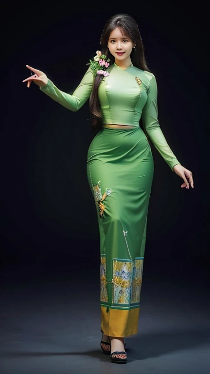 Burmese girl with attractive curvy full body. Friends full-length bikini, (green dress) reflective long dress painted with flower patterns, only dress. hi gh hips High resolution High resolution natural background High resolution HD 3D, 8K cartoon anime