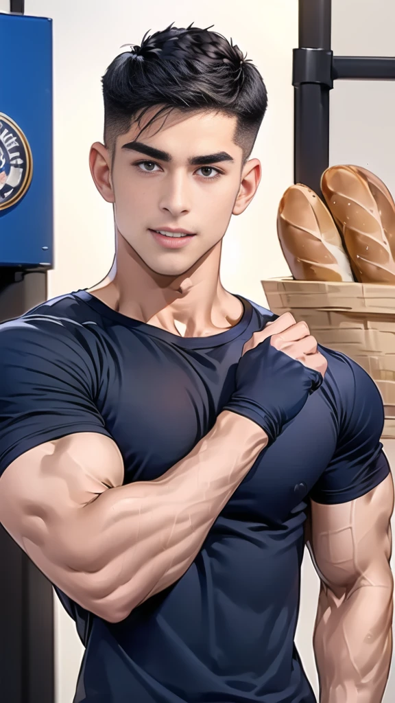 (NSFW: 1.5), (handsome Man sitting on table eating bread ),(crew cut short hair:1.8),black eye,(Wear a fitted round neck t-shirt in navy with a police badge.:1.5),(fit neck),Navy blue jeans,(black_gloves:1.2), Korean guy,chest muscles,large arm muscles,blood vessel,Big muscles,Broad shoulders, (open mouth:1.2),(face up:1.2),(open eyes:1.5), middle of the road,smile, In the bread shop, ( Cum:1.5), (genital very long: 1.6), genital very Big, (Big testicles), (Erection of the penis: 1.6), ((very big, very long penis)), masturbate, hold your hand on your penis, (semen) , bread in hand