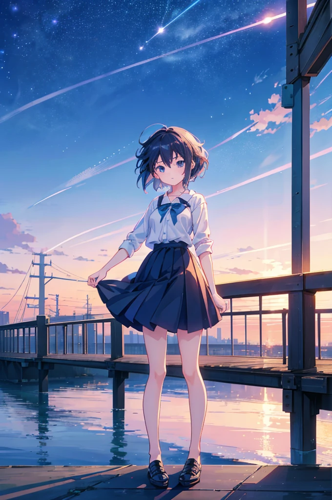 A girl standing on a bridge looking at the night sky, Anime drawings inspired by Makoto Shinkai, CG society hot topic, Sequential Art, anime art wallpaper 4k, anime art wallpaper 4k, anime wallpaper 4k, anime wallpaper 4k, Anime Style 4k, Anime Girl Desktop Backgrounds, Anime Art Wallpapers 8K, 4k anime wallpaper