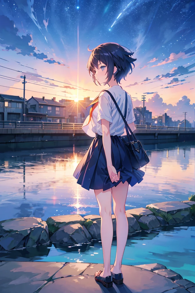 A girl standing on a bridge looking at the night sky, Anime drawings inspired by Makoto Shinkai, CG society hot topic, Sequential Art, anime art wallpaper 4k, anime art wallpaper 4k, anime wallpaper 4k, anime wallpaper 4k, Anime Style 4k, Anime Girl Desktop Backgrounds, Anime Art Wallpapers 8K, 4k anime wallpaper