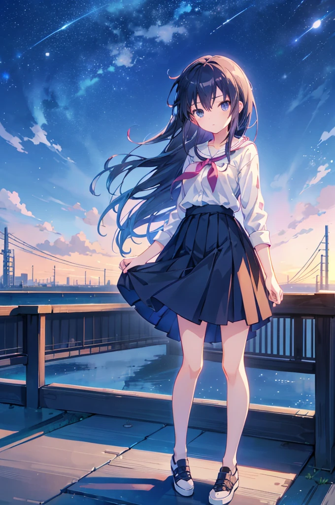 A girl standing on a bridge looking at the night sky, Anime drawings inspired by Makoto Shinkai, CG society hot topic, Sequential Art, anime art wallpaper 4k, anime art wallpaper 4k, anime wallpaper 4k, anime wallpaper 4k, Anime Style 4k, Anime Girl Desktop Backgrounds, Anime Art Wallpapers 8K, 4k anime wallpaper