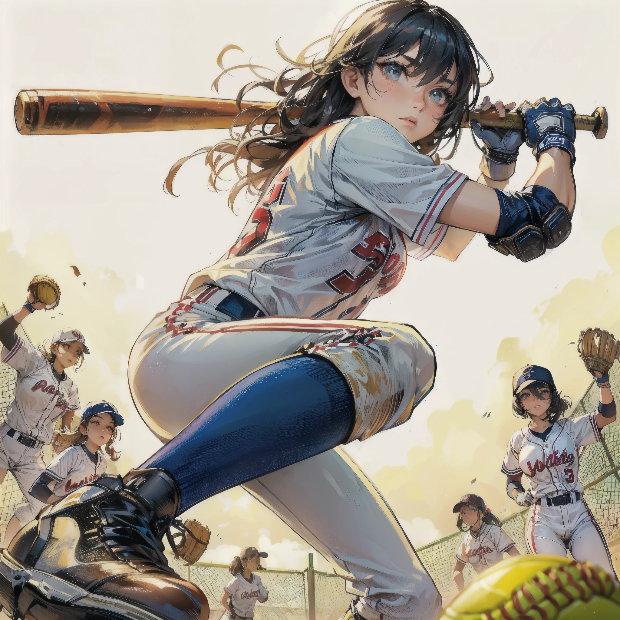  masterpiece, (textured skin), best quality, gorgeous beautiful girl, (a female softball athlete), detailed clothes,large breasts,narrow waist,, (beautiful face), cinematic lighting, (at softball venue ),