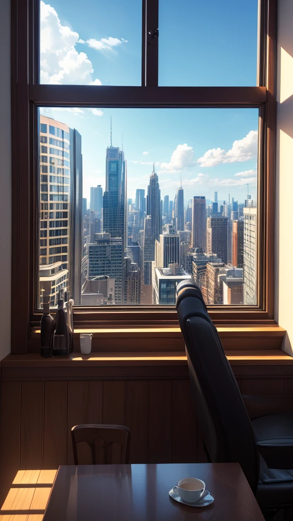 (Extremely detailed CG unified 8k wallpaper),(masterpiece), (best quality), (Super detailed), (Best illustration),(The best shadow), A man,Drink coffee,Stand by the window,black hair,Head to the left, looking out the window at the city,It's dark indoors,The city lights outside the window are bright,silence