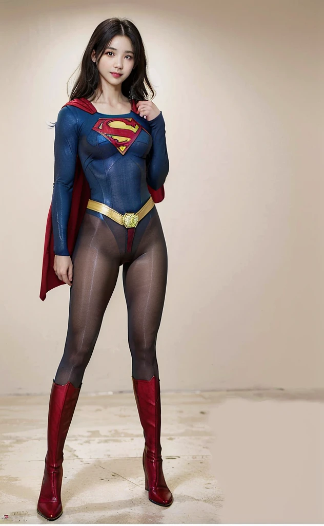 No background、(((Beautiful legs in black tights.)))、(((Legally express the beauty of your smile)))、((((Make the most of your original images)))、(((Body-hugging Supergirl costume)))、(((Supergirl Costume)))、(((Beautiful Hair)))、(((suffering)))、(((Please wear black tights....、Wear red boots)))、((Best image quality、8K))、((Highest quality、8K、masterpiece:1.3))、(((Preserve background )))、Sharp focus:1.2、Beautiful woman with perfect figure:1.lim Abs:1.2、Wet body:1.5、Highly detailed face and skin texture、8K