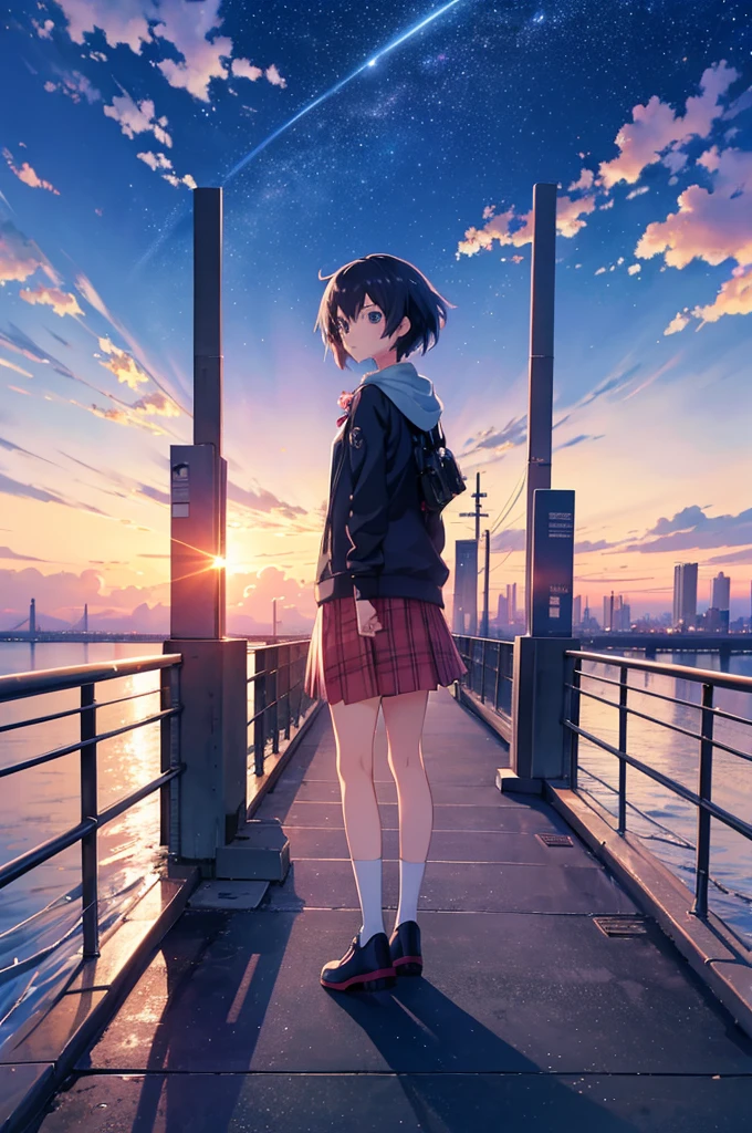 A girl standing on a bridge looking at the night sky, Anime drawings inspired by Makoto Shinkai, CG society hot topic, Sequential Art, anime art wallpaper 4k, anime art wallpaper 4k, anime wallpaper 4k, anime wallpaper 4k, Anime Style 4k, Anime Girl Desktop Backgrounds, Anime Art Wallpapers 8K, 4k anime wallpaper
