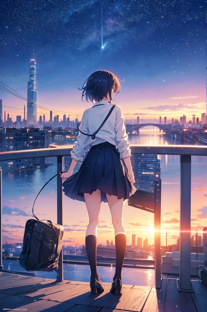 A girl standing on a bridge looking at the night sky, Anime drawings inspired by Makoto Shinkai, CG society hot topic, Sequential Art, anime art wallpaper 4k, anime art wallpaper 4k, anime wallpaper 4k, anime wallpaper 4k, Anime Style 4k, Anime Girl Desktop Backgrounds, Anime Art Wallpapers 8K, 4k anime wallpaper