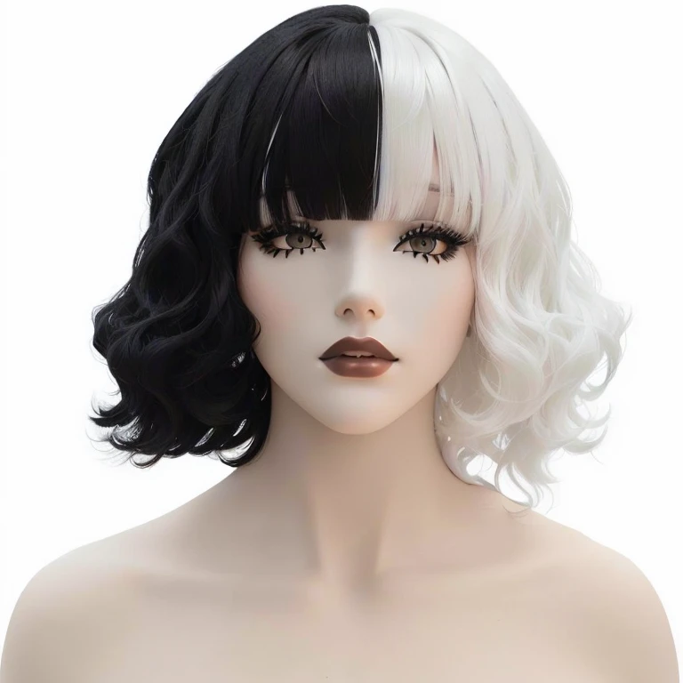 a close up of a mannequin head with a black and white wig, Black and white hair, half & half hair dye, Two-tone hair, half and half hair dye, Gray hair black hair, black hair and white bangs, Two-tone hair dye, black and white color, Black and silver curly hair, black and white color only, wig, black and white