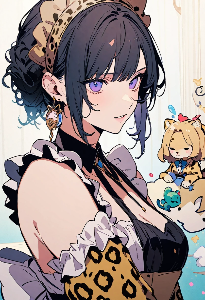 masterpiece, Highest quality, Illustration of the novel, High resolution, 18+ Adult content, Sensual, Intimate, Emotional, Passionate, romantic, sweet, Adorable, Innocent, Pure, Charmな, Charmな, Charm, mysterious, Charmな, Charmな, Immersive, Charmな, dream-like, Surreal, Imaginative, Whimsical, Artistic, Avant-garde, timeless, elegant, Sophisticated, chic, Sophisticated, personality, original, Charmな,((Maid clothes:1.3)),(Cheetah Dress:1.3)、Female Band、live、((Upper Body:1.3))