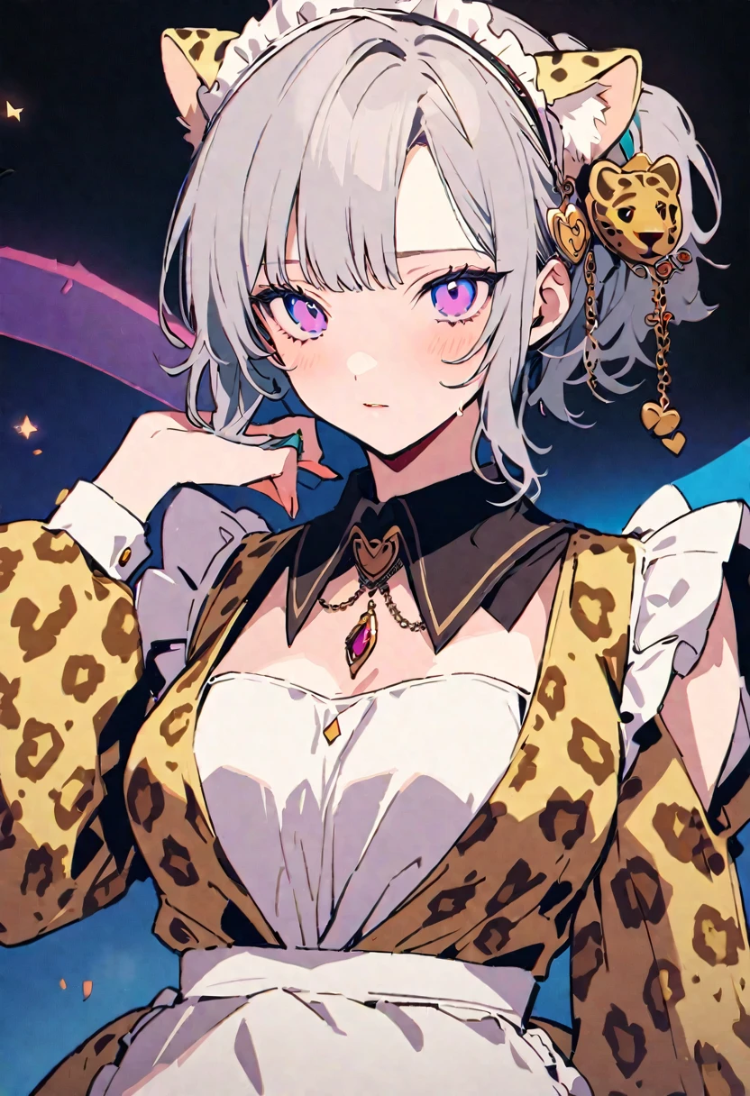 masterpiece, Highest quality, Illustration of the novel, High resolution, 18+ Adult content, Sensual, Intimate, Emotional, Passionate, romantic, sweet, Adorable, Innocent, Pure, Charmな, Charmな, Charm, mysterious, Charmな, Charmな, Immersive, Charmな, dream-like, Surreal, Imaginative, Whimsical, Artistic, Avant-garde, timeless, elegant, Sophisticated, chic, Sophisticated, personality, original, Charmな,((Maid clothes:1.3)),(Cheetah Dress:1.3)、Female Band、live、((Upper Body:1.3))