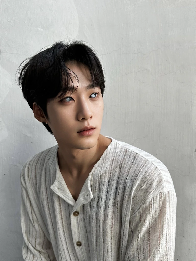Best Quality, 8k, Masterpiece, (Portrait: 1.3), (photo realistic:1.4), (hyper realistic:1.4), Sharp Focus, looking at viewer, (smoother lighting:1.1), (increase cinematic lighting quality:0.9), realistic lighting, backlighting, light on face, ray trace, (brightening light:1.2), (Increase quality:1.4), sharp detail, (best quality real texture skin:1.4), finely detailed eyes, black_eyes, finely detailed face, 25 year old Korean man