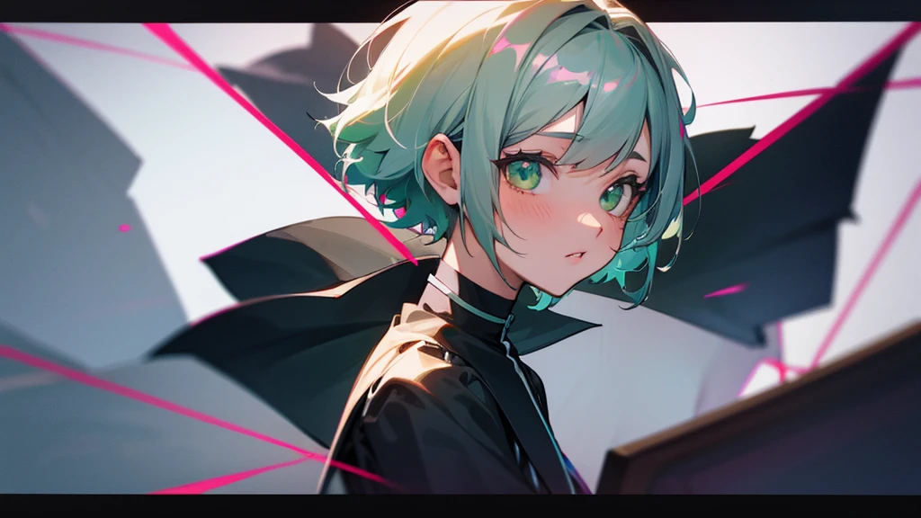 Yandere girl watching a guy with short hair and green eyes.