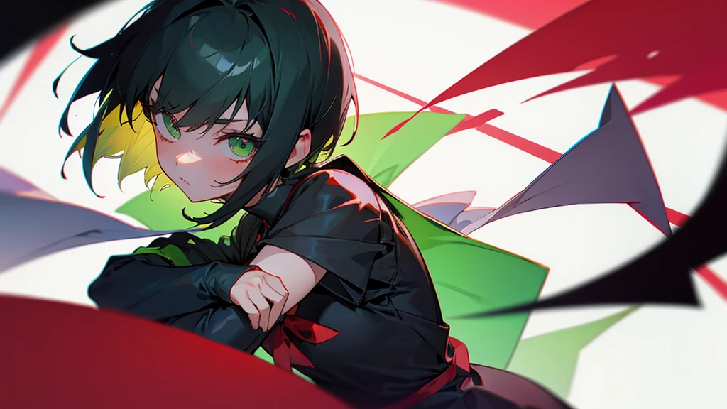 Yandere girl watching a guy with short hair and green eyes.
