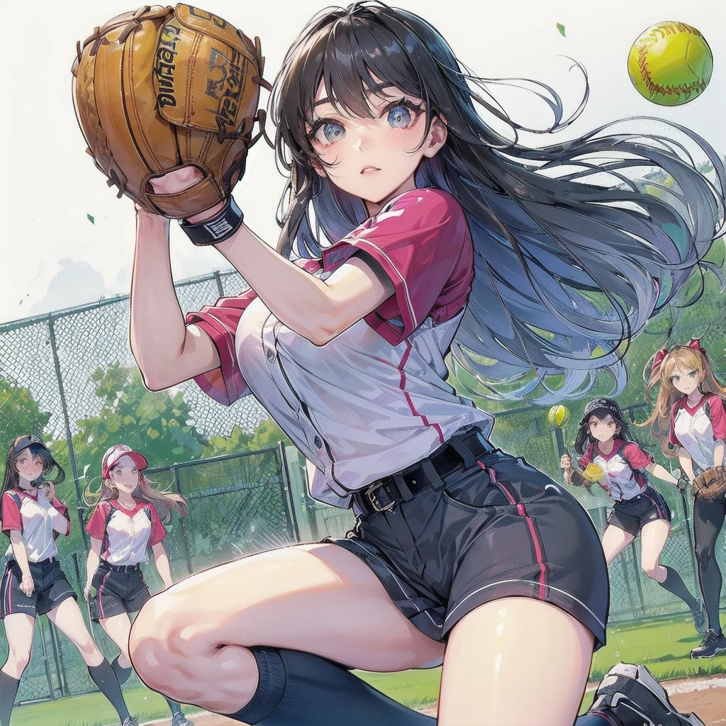 masterpiece, (textured skin), best quality, gorgeous beautiful girl, (a female softball athlete), detailed clothes,large breasts,narrow waist,, (beautiful face), cinematic lighting, (at softball venue ),