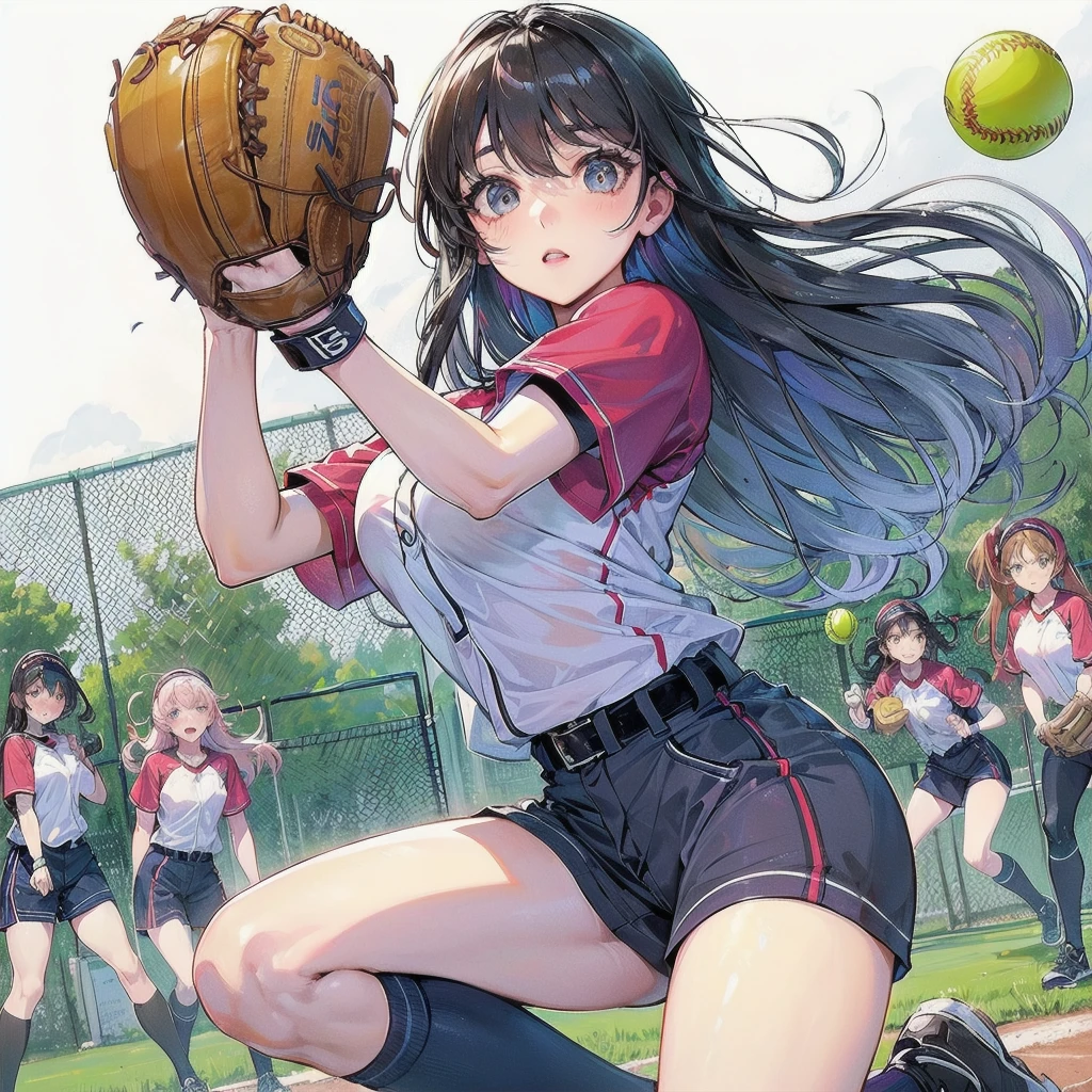 masterpiece, (textured skin), best quality, gorgeous beautiful girl, (a female softball athlete), detailed clothes,large breasts,narrow waist,, (beautiful face), cinematic lighting, (at softball venue ),