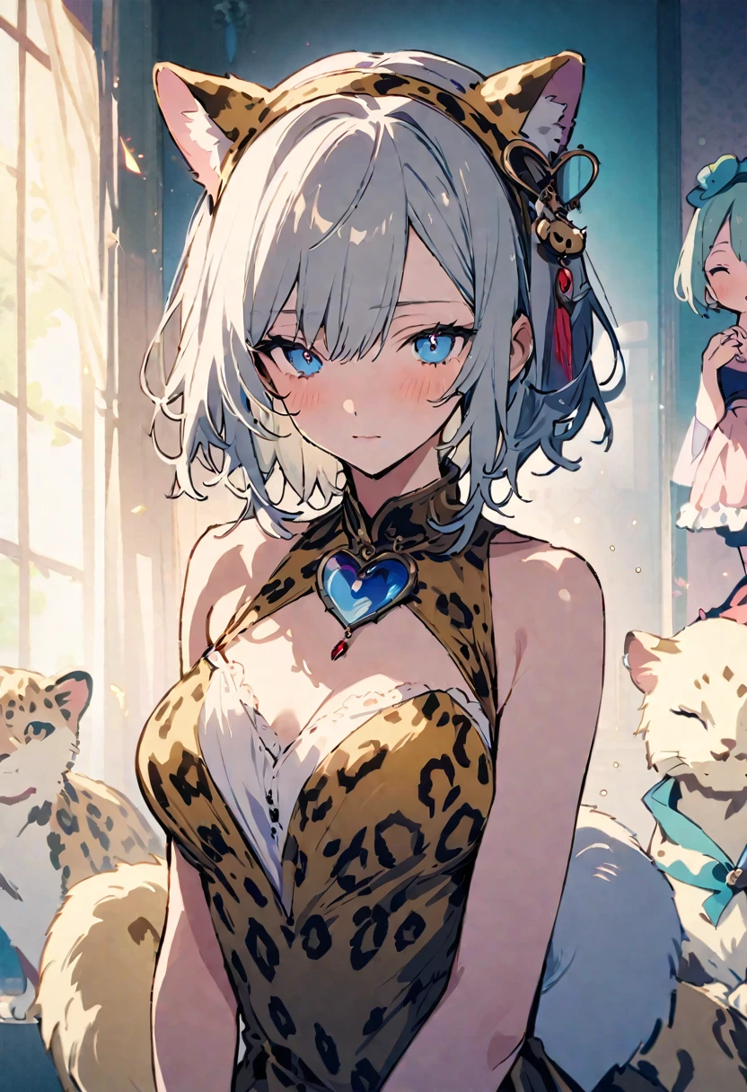masterpiece, Highest quality, Illustration of the novel, High resolution, 18+ Adult content, Sensual, Intimate, Emotional, Passionate, romantic, sweet, Adorable, Innocent, Pure, Charmな, Charmな, Charm, mysterious, Charmな, Charmな, Immersive, Charmな, dream-like, Surreal, Imaginative, Whimsical, Artistic, Avant-garde, timeless, elegant, Sophisticated, chic, Sophisticated, personality, original, Charmな,(Cheetah Dress:1.3)、Female Band、live、((Upper Body:1.3))